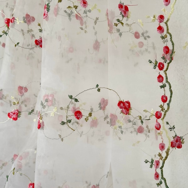 Embroidered Floral Organza With Scallop Trim Edges (Red Flowers / Sheer Fabric / Small Embroidered Flowers / Fabric By The Yard)