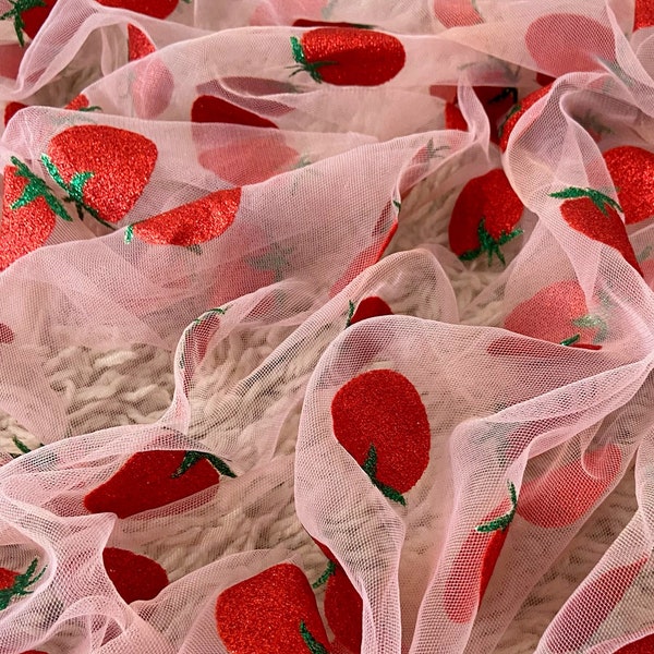 Printed Sparkly Glitter Strawberry Mesh Tulle (Strawberry Fabric / Glitter Strawberry Mesh / Strawberries / Sheer Fabric / Fruit Fabric)