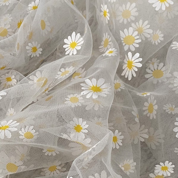 Daisy Mesh Tulle Fabric By The Yard (Mesh Fabric / Daisy Fabric / Flower Tulle / White Daisy / Sheer Fabric / Daisies / Tulle Fabric)