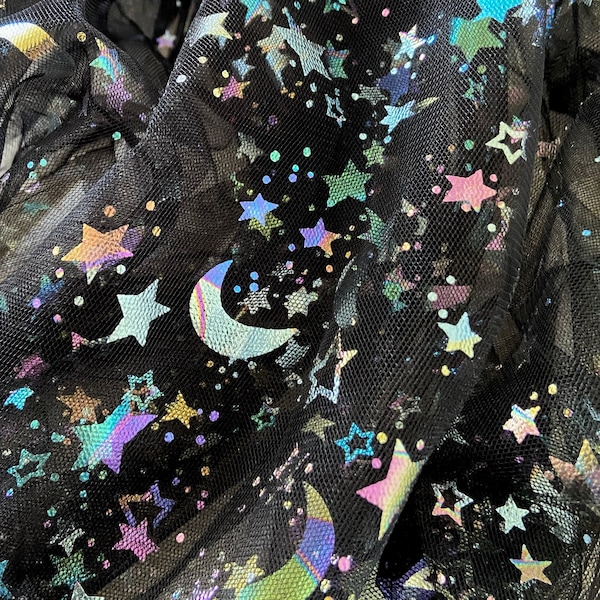 Colorful Iridescent Moon & Star Tulle (Fabric By The Yard / Witchy Halloween Fabric / Celestial / Apparel, Craft And Home Decor Fabric)