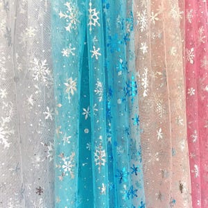 Snowflake Mesh Tulle (Foiled Shimmer / Snowflake Sheer Fabric / Christmas Tulle / Silver / Sky Blue / White / Pink / Lightweight Fabric)