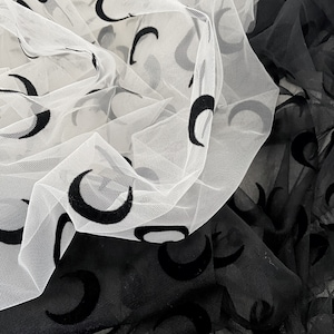 Flocked Moon Tulle (Black And White Tulle / Fabric By The Yard / Witchy Halloween Horror Fabric / Apparel, Craft And Home Decor Fabric)