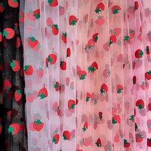 Strawberry Tulle Fabric (Strawberry Pattern / Apparel Fabric / Fabric By The Yard / Summer Prints / Printed Fruit Pattern / Sheer Fabric)