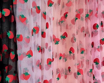 Strawberry Tulle Fabric (Strawberry Pattern / Apparel Fabric / Fabric By The Yard / Summer Prints / Printed Fruit Pattern / Sheer Fabric)
