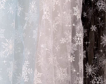 Sparkled Snowflake Tulle (Snowflakes / By The Yard / Snowflake Fabric / Snowflake Print / Blue / White / Apparel Fabric)