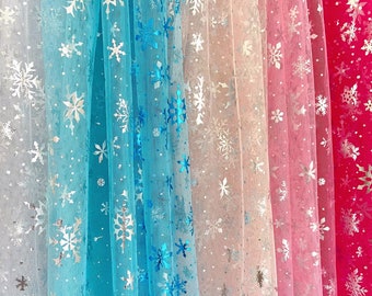 Snowflake Mesh Tulle (Foiled Shimmer / Snowflake Sheer Fabric / Christmas Tulle / Silver / Sky Blue / White / Pink / Lightweight Fabric)