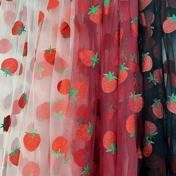 Printed Glitter Strawberry Tulle (Strawberry Apparel Fabric / Fabric By The Yard / Summer Prints / Fruit Pattern / White / Pink / Black)