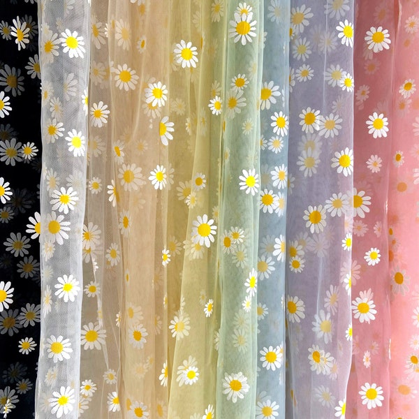 Daisy Mesh Tulle Fabric By The Yard (Floral Net Tulle / Stretchy Tulle / Sheer Fabric / Wedding / Spring / Daisies / Pink / White / Yellow)