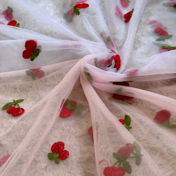 Embroidered Cherry Tulle (fruit fabric / fruit tulle / fabric by the yard / woven fabric / fruit fabric / Red fabric / sewing fabric)