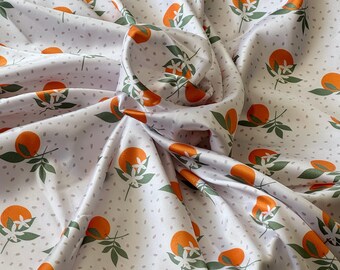 Floral Oranges Polka Dot Satin Fabric, Apparel Sewing By The Yard