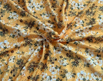 Mustard Dainty Florals Stretch Eyelet Fabric (Apparel Fabric / Fabric By The Yard / White Flowers / Knit Fabric / Small Tiny Florals)