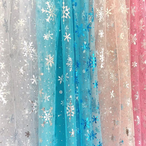 Snowflake Mesh Tulle (Foiled Shimmer / Snowflake Sheer Fabric / Christmas Tulle / Silver / Sky Blue / White / Pink / Lightweight Fabric)
