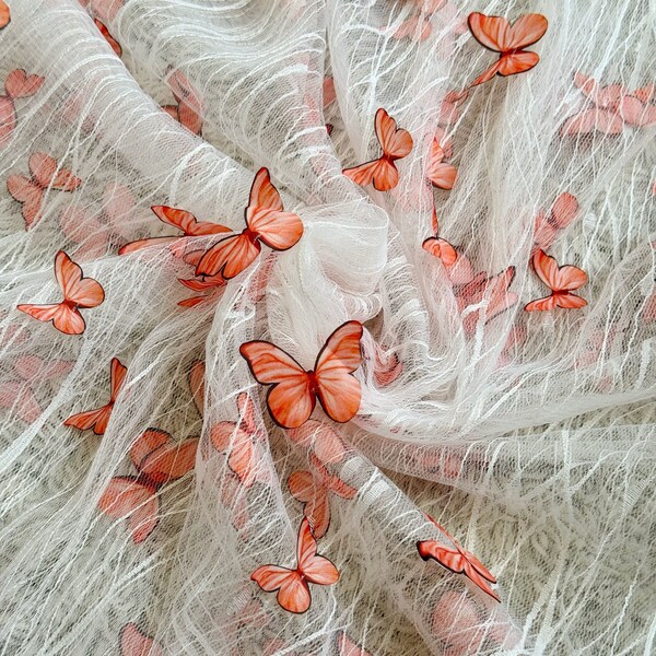 3D Butterfly Tulle Fabric (Lace Tulle / Peach / White / Lightweight Apparel Tutu Fabric / Mesh Tulle / Sheer Fabric / Apparel Fabric)