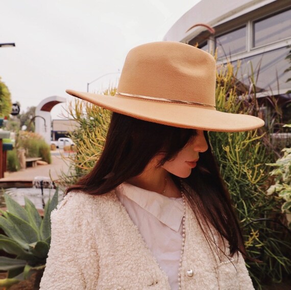 Camel Stiff Brim Fedora Hat, Felt Hat, Rancher Hat Blue Fedora, Stiff Brim Panama Hat, Women's Wide Brim Hat Felt, Leather or Gold Band