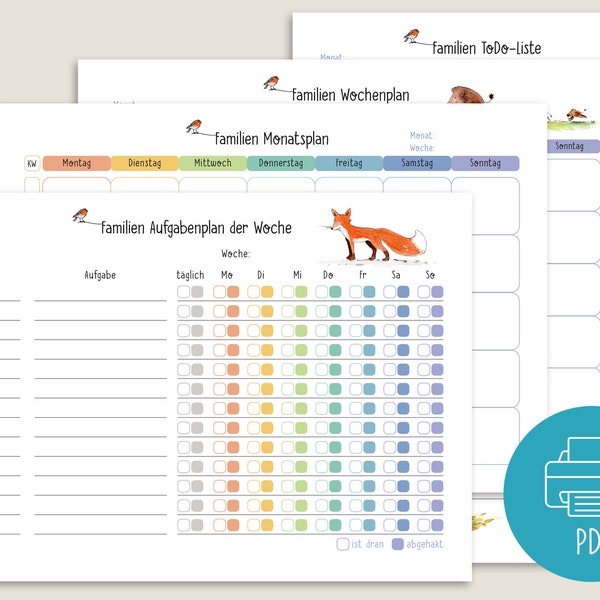 Familien Organisation - Familien Wochenplaner, Familien Aufgaben Planer, Familien Monatsplan, Familien To-do-Liste