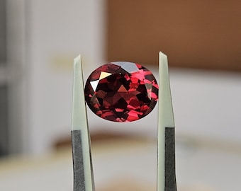 May include: An oval-cut, deep red gemstone with multiple facets that reflect light, held securely between the tips of a pair of light gray metal tweezers with black grip pads on the inner sides of the tool to display the stone's clarity.