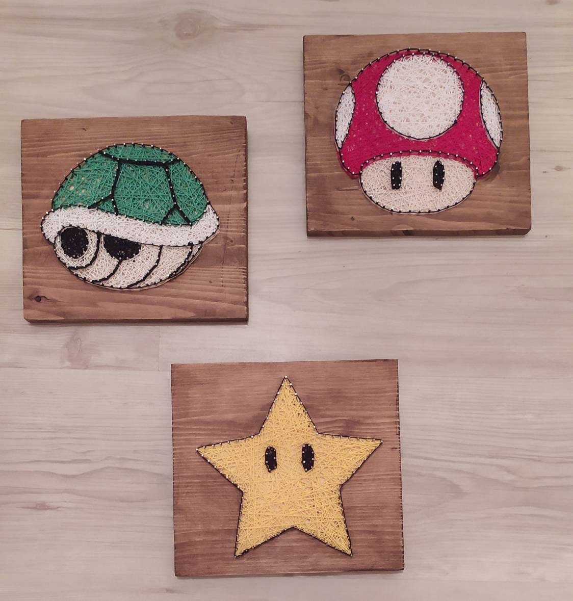 Tableaux String Art, Ensemble de Trois Tableaux Thème Mario, Objets Mario
