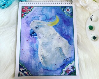 Kakadu Aquarell von Ezgi Takmaz, Türkische Fliesen Wandkunst, Papagei Malerei, Vogelkunst, Nymphensittich, Vogelbeobachter Geschenk