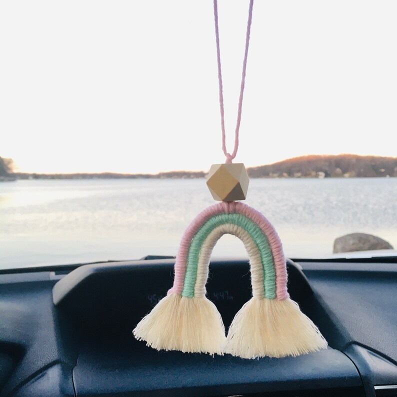 Macrame Rainbow Personalized Macrame Rainbow Car Mirror Charm Rainbow Nursery Decor Baby Shower Gift Easter Gift Teacher Gift image 2