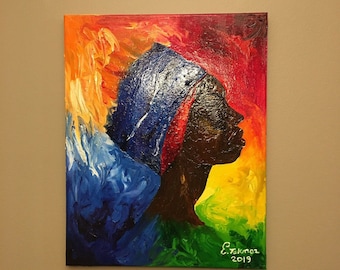Strahlende Regenbogen-Essenz: Afroamerikanische Frau Porträt – Einzigartiges Öl-Finger-Gemälde, signierte Originalkunst, Einzelstück, Wanddekor