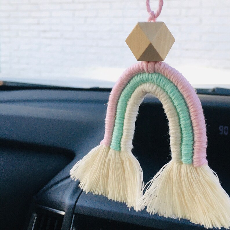 Macrame Rainbow Personalized Macrame Rainbow Car Mirror Charm Rainbow Nursery Decor Baby Shower Gift Easter Gift Teacher Gift image 8