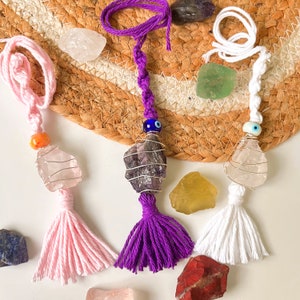Raw Crystal Car Charm, Custom Macrame Crystal Car Hanger, Natural Stone Car Accessories, Car Rear View Mirror Decor, Protection Gift