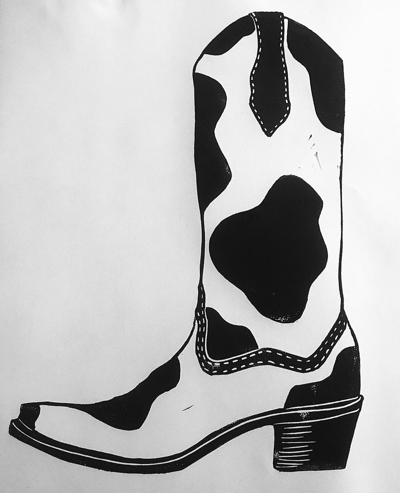 Cow print cowboy boot art print farm core western Etsy
