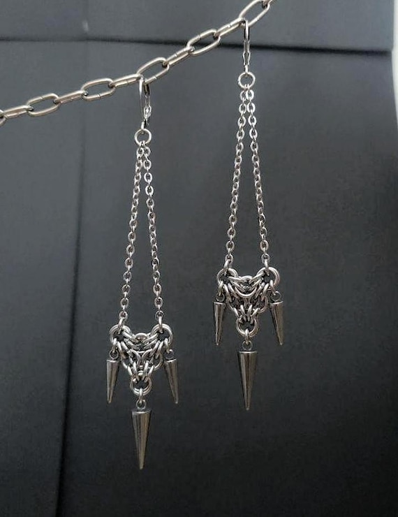 Chainmail Earrings, Triangle Spike Long Drop Earrings, Alternative 