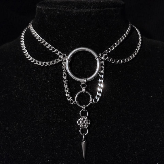 Link Chainmail Necklace, O-ring Stainless Steel Techno Rave Choker 