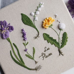PDF-mönster för handbroderi med blommönster, iris, lavendel, maskros, lilja (videohandledning) bild 1