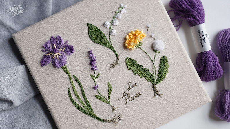 PDF-mönster för handbroderi med blommönster, iris, lavendel, maskros, lilja (videohandledning) bild 1