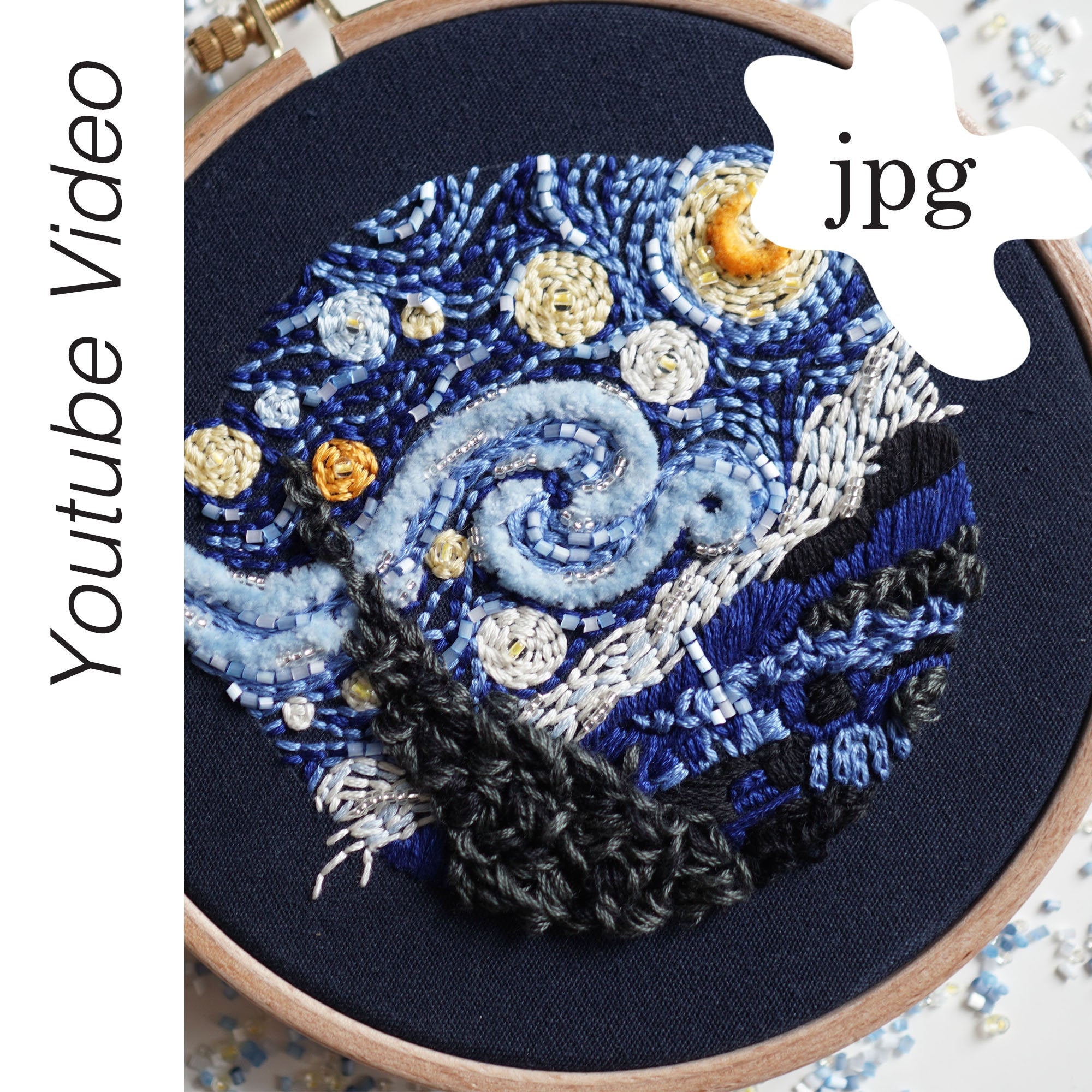 JPG Pattern(Van Gogh, The Starry Night) + 1h Video Tutorial! Hand Embroidery