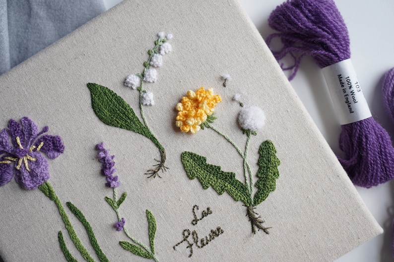 PDF-mönster för handbroderi med blommönster, iris, lavendel, maskros, lilja (videohandledning) bild 3