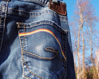 Size 31 Rainbow Times Hand Painted Jeans Denim Custom Silver 925 Donate