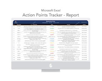 May include: A screenshot of a Microsoft Excel spreadsheet displaying a meeting action points tracker report. The spreadsheet lists action points, the responsible person, the status of each point, comments, and the deadline.