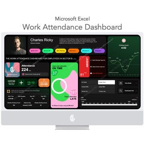May include: A computer screen displaying a Microsoft Excel work attendance dashboard with charts and graphs. The dashboard shows the attendance of employees, including the number of days attended on time, late, and absent. The dashboard also includes a line graph showing the number of employees working each day.