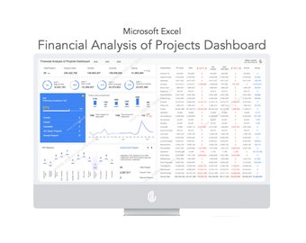 May include: A computer screen displaying a Microsoft Excel dashboard titled "Financial Analysis of Projects Dashboard". The dashboard includes charts, graphs, and tables with data related to project financials. The dashboard is designed to provide a comprehensive overview of project performance.