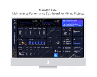 May include: A computer screen displaying a Microsoft Excel dashboard for mining projects. The dashboard includes graphs, charts, and tables showing various performance metrics, including CAPEX, OPEX, and reliability activity. The dashboard is designed in a dark blue and purple color scheme.