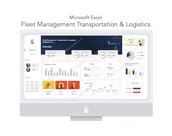 May include: A computer screen displaying a Microsoft Excel dashboard for fleet management transportation and logistics. The dashboard includes charts, graphs, and data visualizations showing total expenses, total salaries, total trips, driver and buddy income, and large types of vehicles. The dashboard also includes a map of the United States.