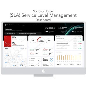 Könnte beinhalten: Ein Computerbildschirm zeigt ein Microsoft Excel-Dashboard für das Service Level Management. Das Dashboard zeigt verschiedene Kennzahlen, darunter 93 % der Beschwerden, die innerhalb des SLA gelöst wurden, 44 ausstehende Fälle, 152 gelöste Fälle, 62 ausstehende Fälle und eine Karte von Regionen mit unterschiedlichen Prozentsätzen. Das Dashboard enthält auch ein Balkendiagramm, das die Anzahl der täglich gelösten Fälle zeigt.