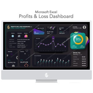 Peut inclure: Un tableau de bord Microsoft Excel à thème sombre affichant un rapport de profits et de pertes. Le tableau de bord comprend un graphique linéaire, un graphique à barres et plusieurs points de données, notamment le chiffre d'affaires net, le bénéfice brut, les charges d'exploitation et l'impôt. Le tableau de bord comprend également un graphique circulaire en pourcentage montrant 39% du total.