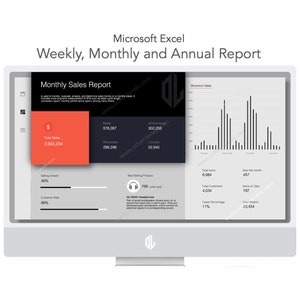 以下が含まれることがあります： Microsoft Excel のスプレッドシートが表示されたコンピューター画面。月次売上報告書が表示されています。報告書には、総売上高が 3,504,234 ドル、売上成長率が 40%、顧客率が 80% と表示されています。報告書には、時間の経過に伴うドキュメント販売を示す棒グラフも含まれています。