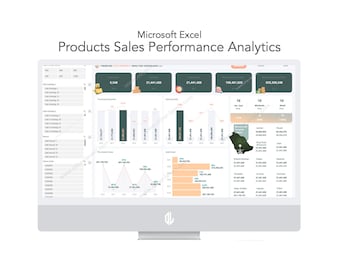 May include: A computer screen displaying a Microsoft Excel spreadsheet with a dashboard of sales performance analytics. The dashboard includes charts, graphs, and tables showing sales data, revenue, and other key metrics. The dashboard is titled "Products Sales Performance Analytics".