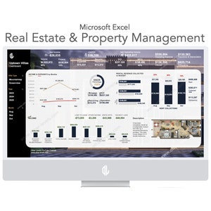 May include: A computer screen displaying a Microsoft Excel spreadsheet with a real estate and property management dashboard. The dashboard includes charts and graphs showing income and expenses, rental revenue collected, and vacancy rates. The dashboard also includes a floor plan of a property.