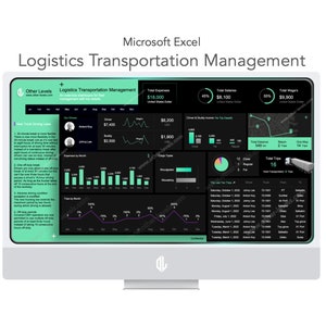 Puede incluir: Una pantalla de ordenador que muestra una hoja de cálculo de Microsoft Excel con un fondo oscuro y acentos verdes. La hoja de cálculo se titula "Gestión del transporte logístico" e incluye gráficos, diagramas y datos relacionados con la logística del transporte. Los datos incluyen información sobre conductores, viajes y gastos.