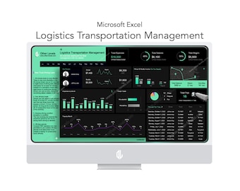 May include: A computer screen displaying a Microsoft Excel spreadsheet with a dark background and green accents. The spreadsheet is titled "Logistics Transportation Management" and includes charts, graphs, and data related to transportation logistics. The data includes information about drivers, trips, and expenses.