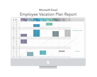 May include: A computer screen displays a Microsoft Excel employee vacation plan report for 2024. The report is a grid with employee names and vacation dates highlighted in various colors, including blue, green, and gray.
