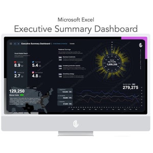 Peut inclure: Un écran d'ordinateur affichant un tableau de bord Microsoft Excel à thème sombre avec des graphiques et des diagrammes. Le tableau de bord comprend des données sur la portée des médias sociaux, les visites en magasin et les bénéfices nets annuels. Le titre du tableau de bord est "Tableau de bord de synthèse exécutif".