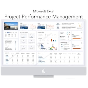 Könnte beinhalten: Ein Computermonitor, der ein Microsoft Excel-Dashboard mit dem Titel "Project Performance Management" anzeigt. Der Bildschirm zeigt verschiedene Diagramme, Grafiken und Datentabellen zu Projektkennzahlen, einschließlich Sicherheit, Ausrüstung und Finanzleistung.