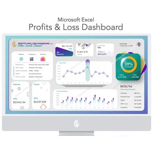 Könnte beinhalten: Ein Computerbildschirm zeigt ein Microsoft Excel-Dashboard mit dem Titel "Profits & Loss Dashboard". Das Dashboard enthält verschiedene Diagramme und Grafiken, darunter ein Liniendiagramm, das den Nettoumsatz zeigt, ein Balkendiagramm, das Ausgaben und Einnahmen zeigt, und ein Kreisdiagramm, das die Betriebsausgaben zeigt. Das Dashboard enthält auch eine Tabelle, die wichtige Finanzkennzahlen wie Umsatz, Ausgaben und Gewinn zeigt.